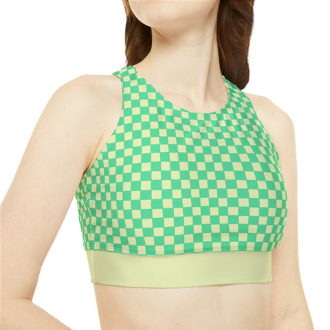 Green & Yellow Checkered Board High Neck Crop Bikini Top