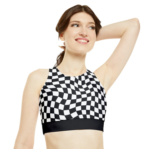 Black & White Checkered Board High Neck Crop Bikini Top