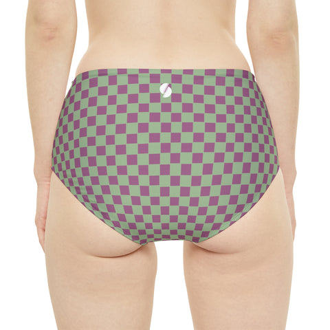 Retro Purple & Green Checkered Board High-Waist Hipster Bikini Bottom