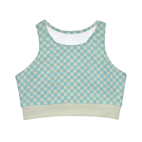 Soft Blue & Cream Checkered Board High Neck Crop Bikini Top