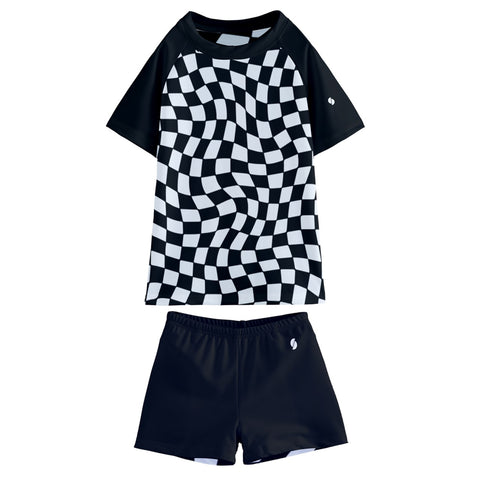 Scout Black & White Checkered Board Kid/Tween swim t-shirt and shorts set