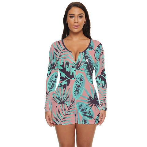 Psychedelic Jungle Mint & Coral long sleeve boyleg swimsuit