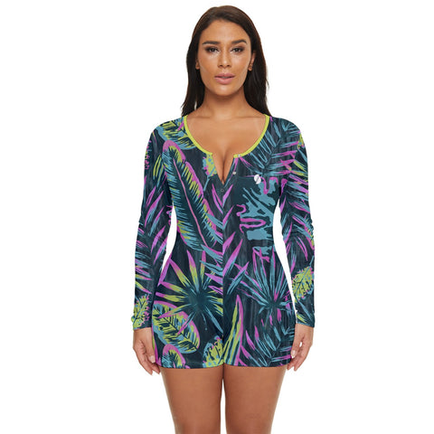 Psychedelic Jungle Neon long sleeve boyleg swimsuit