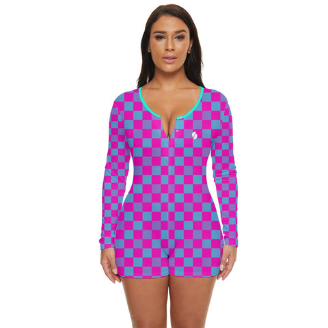 Cerise & Neon Blue Checkered Board long sleeve boyleg swimsuit