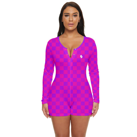 Cerise & Purple Checkered Board long sleeve boyleg swimsuit