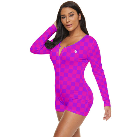 Cerise & Purple Checkered Board long sleeve boyleg swimsuit