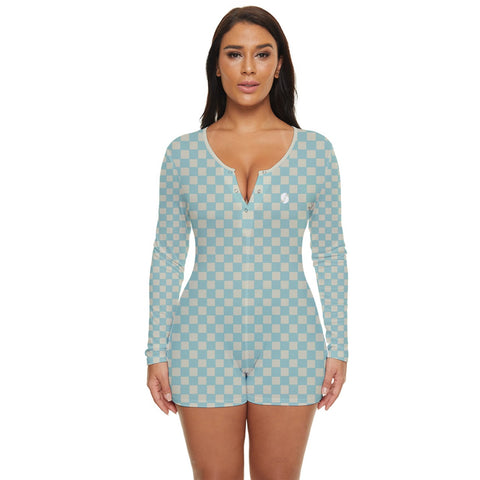 Soft Blue & Cream Checkered Board long sleeve boyleg swimsuit