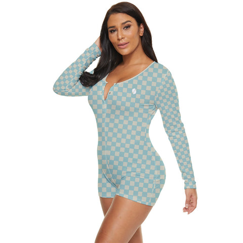 Soft Blue & Cream Checkered Board long sleeve boyleg swimsuit