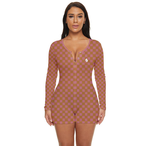 Copper & Pink Checkered Board long sleeve boyleg swimsuit
