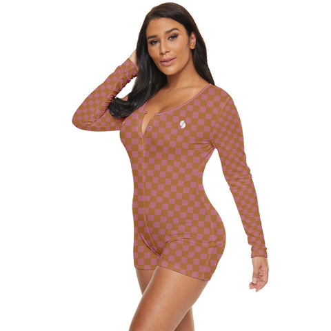 Copper & Pink Checkered Board long sleeve boyleg swimsuit
