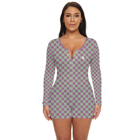 Retro Purple & Green Checkered Board long sleeve boyleg swimsuit