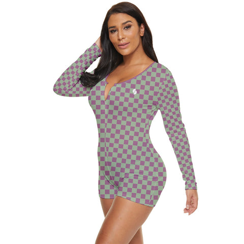 Retro Purple & Green Checkered Board long sleeve boyleg swimsuit