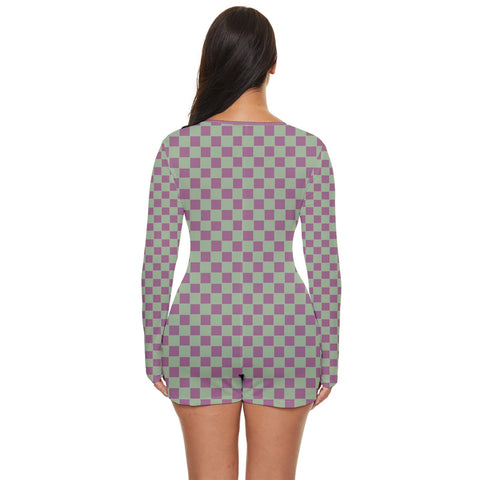 Retro Purple & Green Checkered Board long sleeve boyleg swimsuit