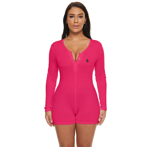 Summer Bright Cherry Pink long sleeve boyleg swimsuit