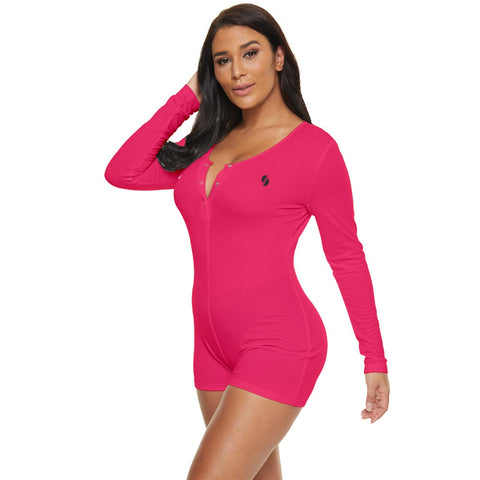 Summer Bright Cherry Pink long sleeve boyleg swimsuit