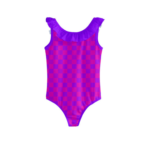 Nova Cerise & Purple Checkered Board Kid/Tween frilly full swimsuit