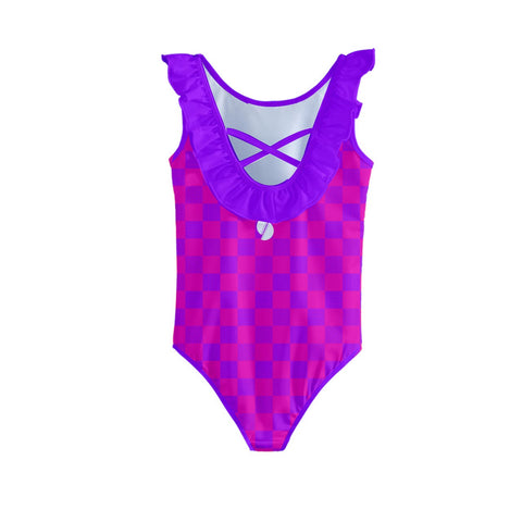 Nova Cerise & Purple Checkered Board Kid/Tween frilly full swimsuit