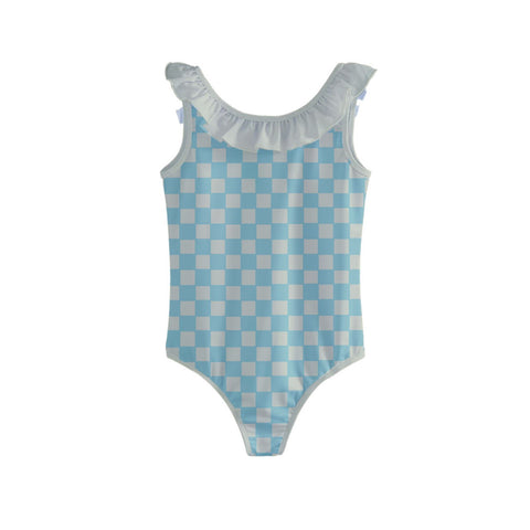 Ash Blue & Cream Checkered Board Kid/Tween frilly full swimsuit