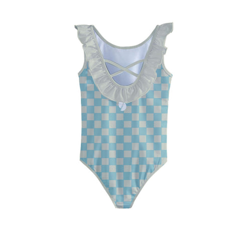 Ash Blue & Cream Checkered Board Kid/Tween frilly full swimsuit