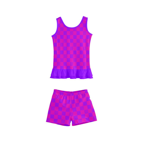 Nova Cerise & Purple Checkered Board Kid/Tween frilly boyleg swimsuit