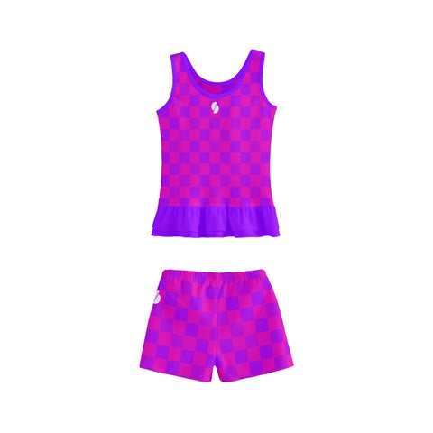 Nova Cerise & Purple Checkered Board Kid/Tween frilly boyleg swimsuit