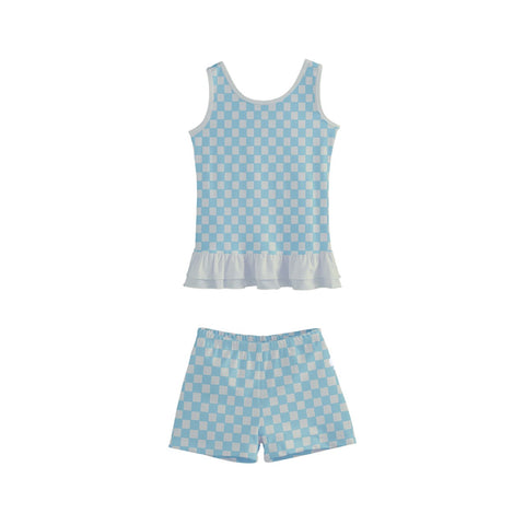 Ash Blue & Cream Checkered Board Kid/Tween frilly boyleg swimsuit