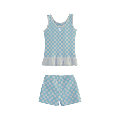 Ash Blue & Cream Checkered Board Kid/Tween frilly boyleg swimsuit