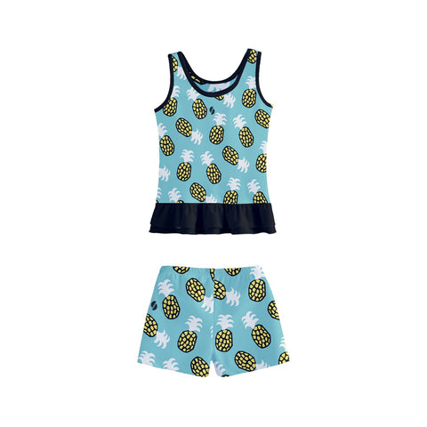 Sammy Yellow and Teal Pineapples Kid/Tween frilly boyleg swimsuit