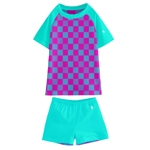 Logan Cerise & Neon Blue Checkered Board Kid/Tween swim t-shirt and shorts set