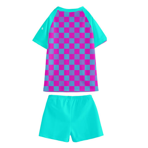 Logan Cerise & Neon Blue Checkered Board Kid/Tween swim t-shirt and shorts set