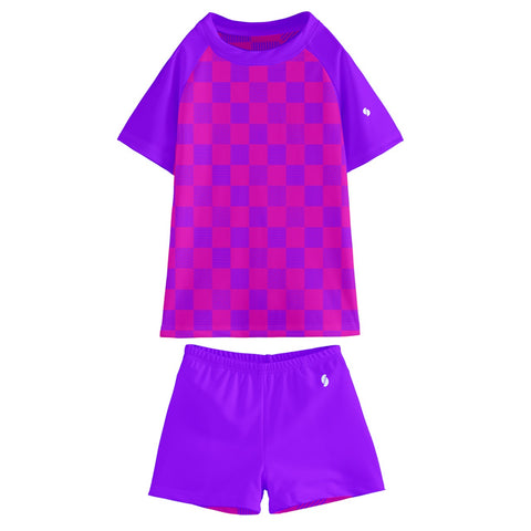 Nova Cerise & Purple Checkered Board Kid/Tween swim t-shirt and shorts set