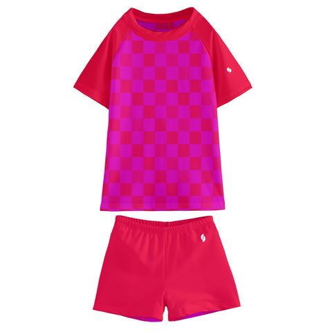 Taylor Cerise & Red Checkered Board Kid/Tween swim t-shirt and shorts set