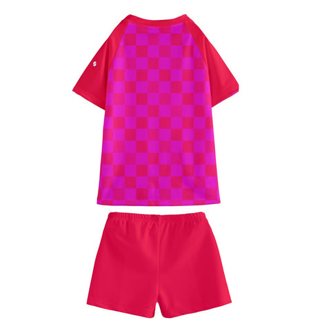 Taylor Cerise & Red Checkered Board Kid/Tween swim t-shirt and shorts set