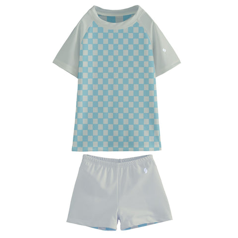 Ash Blue & Cream Checkered Board Kid/Tween swim t-shirt and shorts set