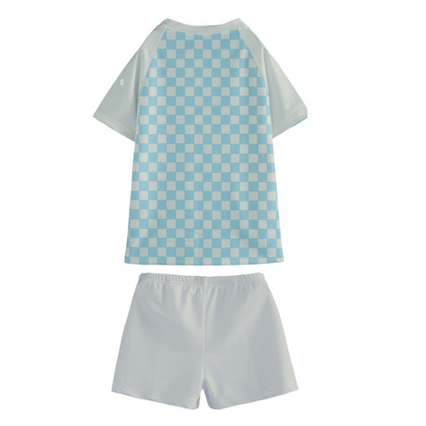 Ash Blue & Cream Checkered Board Kid/Tween swim t-shirt and shorts set