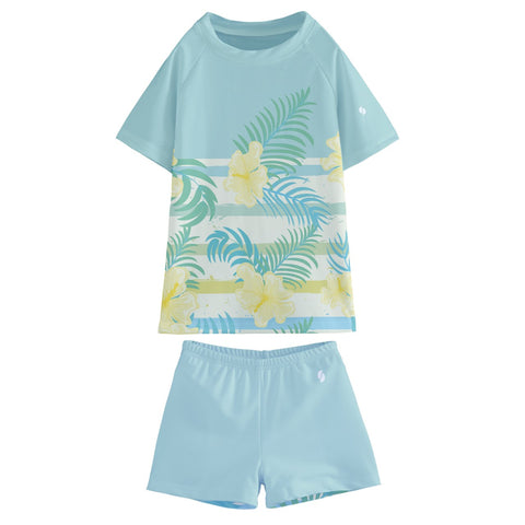 Maya Blue & Yellow Hibiscus Kid/Tween swim t-shirt and shorts set