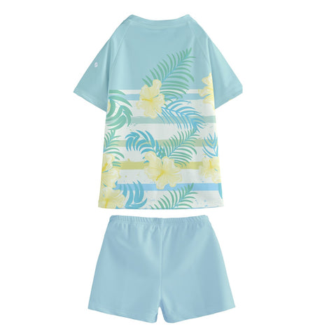 Maya Blue & Yellow Hibiscus Kid/Tween swim t-shirt and shorts set