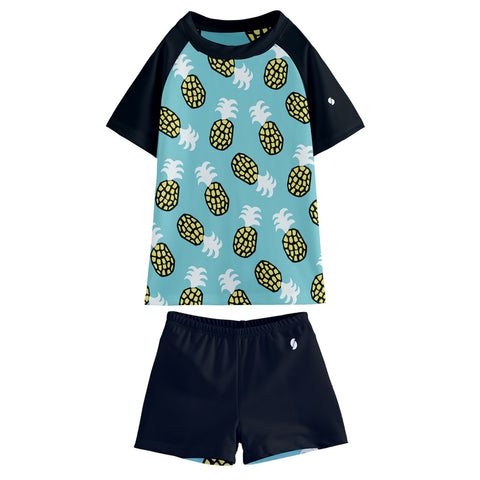 Sammy Yellow and Teal Pineapples Kid/Tween swim t-shirt and shorts set