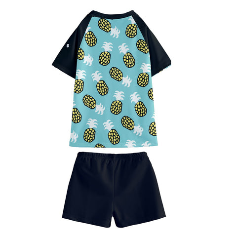 Sammy Yellow and Teal Pineapples Kid/Tween swim t-shirt and shorts set