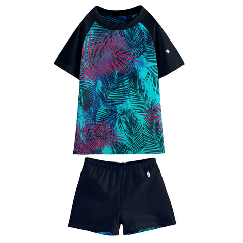 Toby Tropical Maroon & Teal Kid/Tween swim t-shirt and shorts set