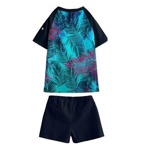 Toby Tropical Maroon & Teal Kid/Tween swim t-shirt and shorts set