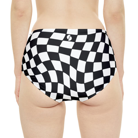 Black & White Checkered Board High-Waist Hipster Bikini Bottom