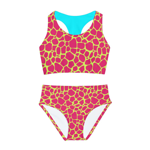 Vinnie Neon Pink & Teal Giraffe Kid/Tween Two Piece Swimsuit