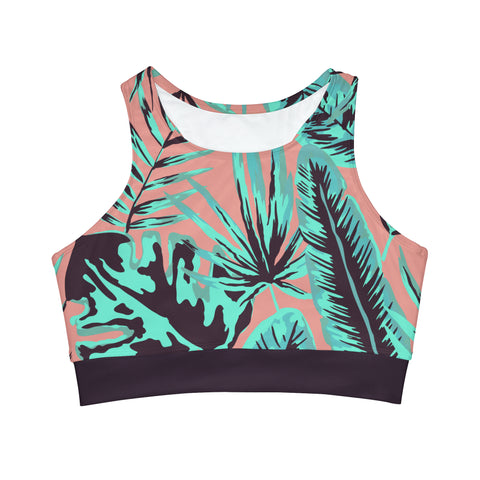 Psychedelic Jungle Mint & Coral High Neck Crop Bikini Top