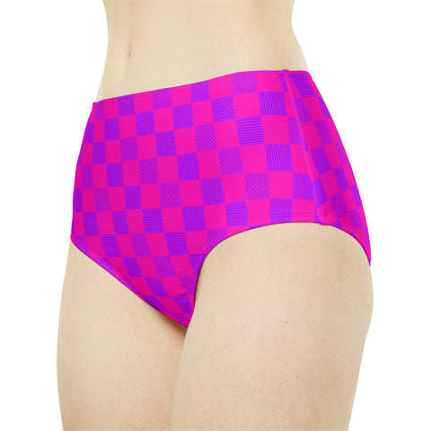 Cerise & Purple Checkered Board High-Waist Hipster Bikini Bottom