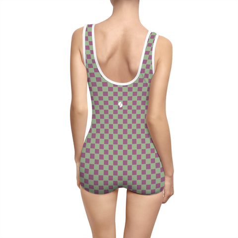 Retro Purple & Green Checkered Board vintage swimsuit