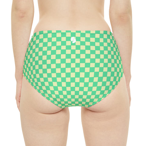 Green & Yellow Checkered Board High-Waist Hipster Bikini Bottom