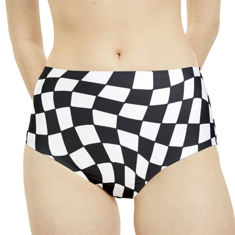 Black & White Checkered Board High-Waist Hipster Bikini Bottom