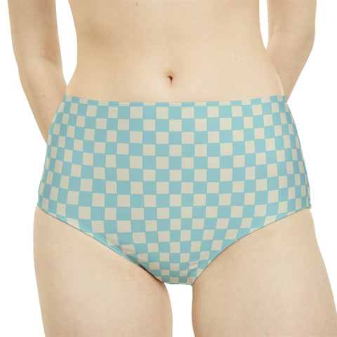Soft Blue & Cream Checkered Board High-Waist Hipster Bikini Bottom