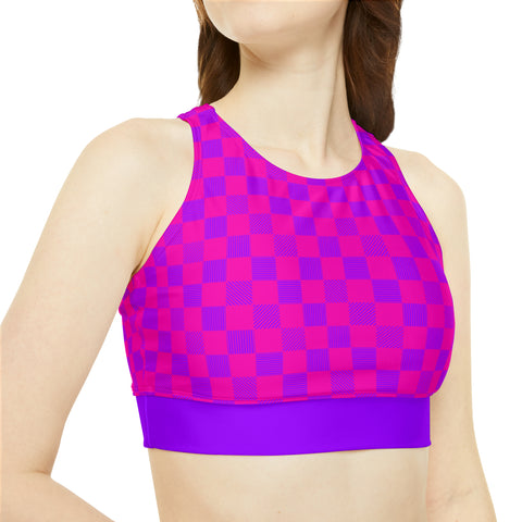 Cerise & Purple Checkered Board High Neck Crop Bikini Top